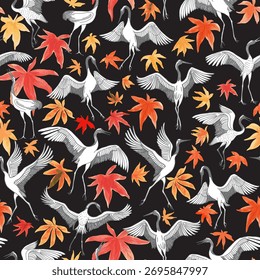 Vector seamless pattern of dancing Japanese crane birds and autumn colored maple leaves on a black background