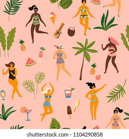 Vector seamless pattern with dancing ladyes in swimsuits and tropical palm leaves. Design element for summer party concept and other use.