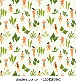 Vector seamless pattern with dancing ladyes in swimsuits and tropical palm leaves. Design element for summer party concept and other use. Vector seamless pattern with dancing ladyes in swimsuits and tropical palm leaves. Design element for summer party concept and other use.