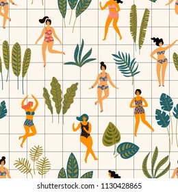 Vector seamless pattern with dancing ladyes in swimsuits and tropical palm leaves. Design element for summer party concept and other use.