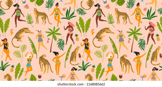 Vector seamless pattern with dancing ladyes in swimsuits and leopards. Design element for summer party concept and other use.