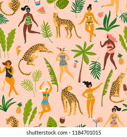 Vector seamless pattern with dancing ladyes in swimsuits and leopards. Design element for summer party concept and other use.