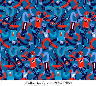 Vector seamless pattern with dancing people. Rave, Collage, Dancers, Friendship day, Fashion illustration, Sales. Holiday print shirt. 