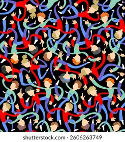 Vector seamless pattern with dancing people. Boys and girls, Collage, Holiday print 
