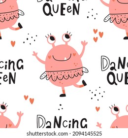 vector seamless pattern with dancing pink monster