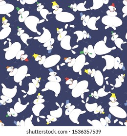 Vector seamless pattern. Dancing snowmen on a dark blue background. Christmas, New year, children's illustration. Flat image of a snowman. For wrapping paper, packaging, fabric, textiles.