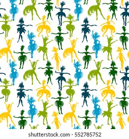 Vector seamless pattern with dancing women in brazil color. Trendy hand drawn textures. Background for carnival concept and other users.