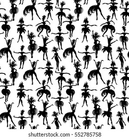 Vector seamless pattern with dancing women in black and white. Trendy hand drawn textures. Background for carnival concept and other users.