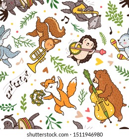 Vector seamless pattern with dancing woodland animals: bear, fox, rabbit, hedgehog, moose, badger, squirrel. Cute repeated texture with foreat animal and musical instruments. Kids background.
