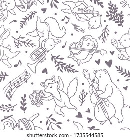 Vector seamless pattern with dancing woodland animals: bear, fox, rabbit, hedgehog, moose, badger, squirrel. Cute repeated texture with sketch forest animal and musical instruments. Kids background.