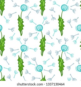 Vector seamless pattern of dandelions. Flowers and leaves on a white. Summer boundless background for your design.