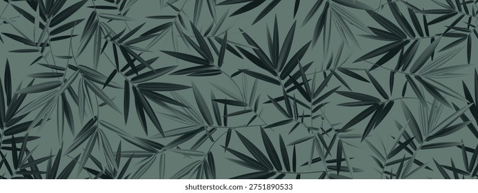 Vector seamless pattern with dark bamboo leaves on a muted green background. A tropical botanical texture with layered foliage and a modern design. Suitable for wallpaper, fabric, packaging, interior design, backgrounds, and nature-themed graphics
