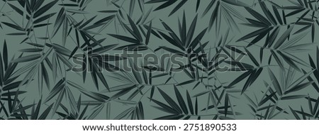 Vector seamless pattern with dark bamboo leaves on a muted green background. A tropical botanical texture with layered foliage and a modern design. Suitable for wallpaper, fabric, packaging, interior design, backgrounds, and nature-themed graphics