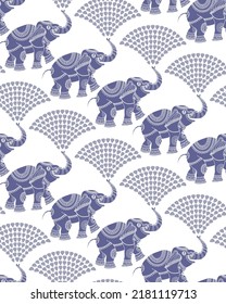 Vector seamless pattern from dark blue elephant silhouette with ethnic ornaments and fountain from water drops on a white