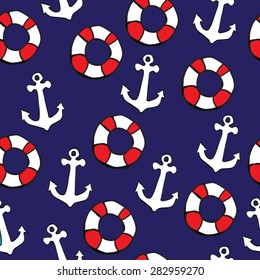 Vector seamless pattern in dark blue, white and red colors. Sea theme, lifebuoy, anchors.