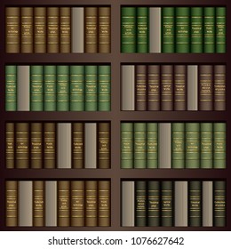 Vector. Seamless pattern. Dark bookcase. Books with covers and pages, classic works, poems, poems, books in classic covers put on a shelf in a bookcase. Knowledge Wallpapers 3D, realistic illustration