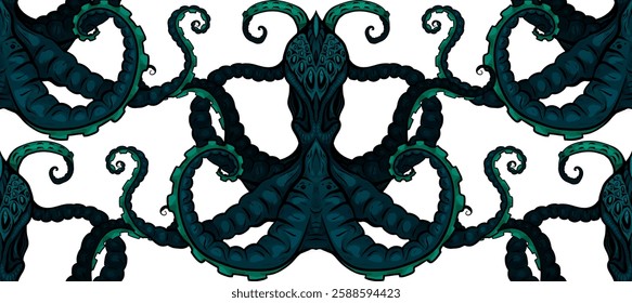 Vector seamless pattern with dark creepy octopuses on a white background. Texture with sea inhabitants with tentacles for wallpapers and fabrics.