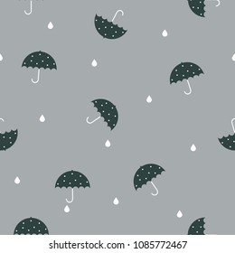 Vector seamless pattern of dark green umbrellas on blue background, pastel color style, flat design