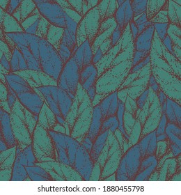 Vector seamless pattern with dark green vintage leaves. Floral ornament for design of tea packaging, cards, fabrics, cosmetic products, banners. Imitation of an old hand drawing. Plant elements.