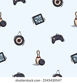 Patrón sin fisuras de Vector con dardos, bolos, joystick y tic-tac-toe. Fondo dibujado a mano relacionado con juegos de mesa, ocio, deportes y pasatiempos. Conjunto de iconos, signos y símbolos