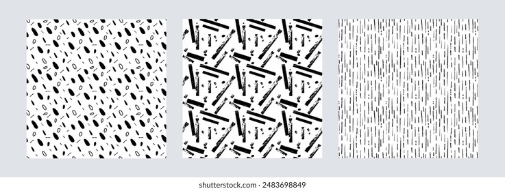 Vector seamless pattern with dashes, pen stripes and thin vertical lines. Hand drawn repeat black elements, crayon geometric small elements. Minimalist noise texture with scattered sprinkles, droplets