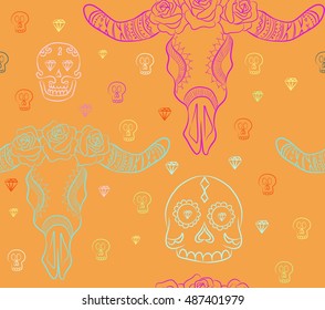 
vector seamless pattern to the day of the dead in Mexico . Halloween Festival in the fall . Holiday clowns , scary masks  El dia de los muertos