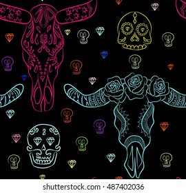 vector seamless pattern to the day of the dead in Mexico . Halloween Festival in the fall . Holiday clowns , scary masks  El dia de los muertos