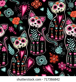 Vector seamless pattern for Day of the Dead and Halloween with Cats and colorful decorative flowers on a black background. 