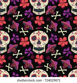 Vector seamless pattern Day of The Dead (Dia de los muertos) colorful skulls with floral ornament.  Perfect for wallpaper, gift paper, holiday decorations, mexican party