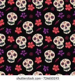 Vector seamless pattern Day of The Dead (Dia de los muertos) colorful skulls with floral ornament.  Perfect for wallpaper, gift paper, holiday decorations, mexican party