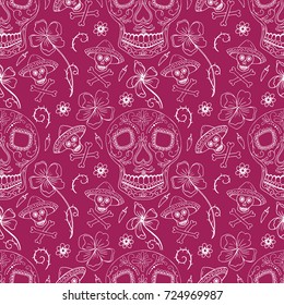 Vector seamless pattern Day of The Dead (Dia de los muertos)  skulls with floral ornament.  Perfect for wallpaper, gift paper, coloring book, mexican party