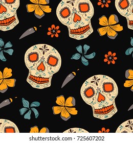 Vector seamless pattern Day of The Dead (Dia de los muertos) colorful skulls with floral ornament.  Perfect for wallpaper, gift paper, holiday decorations, mexican party