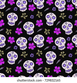 Vector seamless pattern Day of The Dead (Dia de los muertos) colorful skulls with floral ornament.  Perfect for wallpaper, gift paper, holiday decorations, mexican party