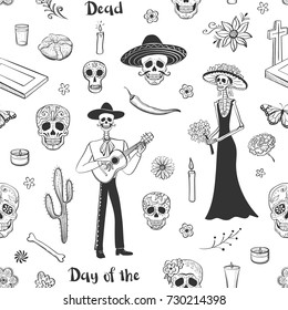 Vector seamless pattern "Day of the Dead". Hand drawings on a white background. 