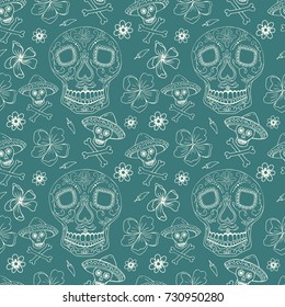 Vector seamless pattern Day of The Dead (Dia de los muertos)  skulls with floral ornament.  Perfect for wallpaper, gift paper, coloring book, mexican party