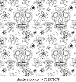 Vector seamless pattern Day of The Dead (Dia de los muertos)  skulls with floral ornament.  Perfect for wallpaper, gift paper, coloring book, mexican party