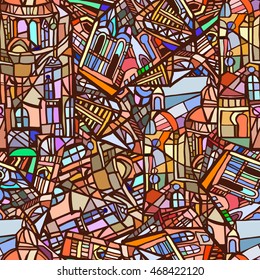 Vector seamless pattern of daytime fictional magic colored city. Hand drawn.