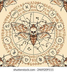 vector seamless pattern with a death's head butterfly on the background of the zodiac circle with constellations and ancient runes on