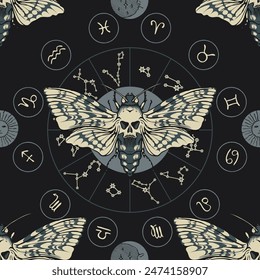 vector seamless pattern with  death's head butterfly on the background of the zodiac circle with sun and moon, constellation and magic symbols