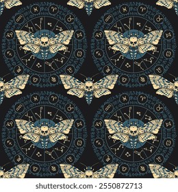 vector seamless pattern with a death's head butterfly on the background of the zodiac circle with constellations and ancient runes on the backdrop of a black cosmos.