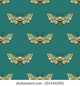 vector seamless pattern with a death's head butterfly on green background. Suitable for wallpaper, wrapping paper, fabric. Chinese hieroglyph Tea