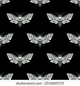 vector seamless pattern with a death's head butterfly on black background. Suitable for wallpaper, wrapping paper, fabric. Chinese hieroglyph Tea