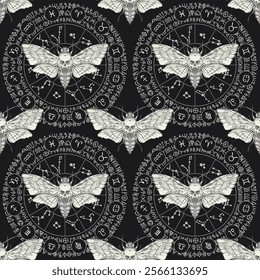 vector seamless pattern with a death's head butterfly on the background of the zodiac circle with constellations and ancient runes on black background