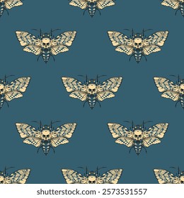 vector seamless pattern with a death's head butterfly on green background. Suitable for wallpaper, wrapping paper, fabric. Chinese hieroglyph Tea