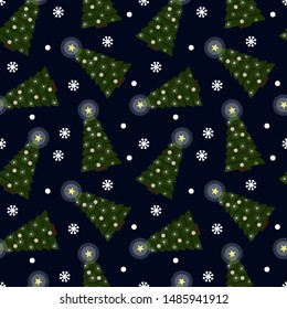 Vector seamless pattern with decorated christmas trees and snowflakes. New Year festive dark blue background. Shining star, garland lights and ornaments. Template for wrapping paper, gift, fabric.