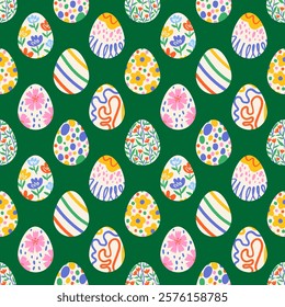 Vector seamless pattern with decorated eggs. Easter holiday background