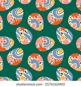 Vector seamless pattern with decorated eggs. Easter holiday background, abstract shapes and lines