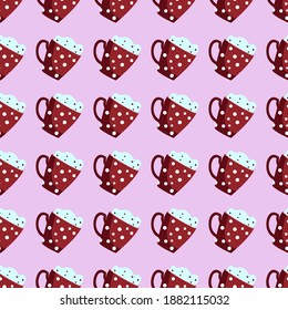 Vector seamless pattern decorated with festive red cups of coffee with cream. For holiday cards, invitations and wrapping paper. Pink background
