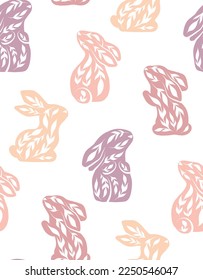 Vector seamless pattern with decorated rabbits in various poses. Texture with folk art hares in pastel colors on white background. Backdrop with ornamental animals for fabric and wallpaper