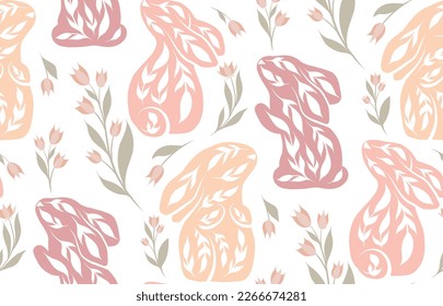 Vector seamless pattern with decorated rabbits and flowers. Nursery texture with folk art hares in pastel colors on white background. Childish backdrop with ornamental pets for fabric and wallpaper